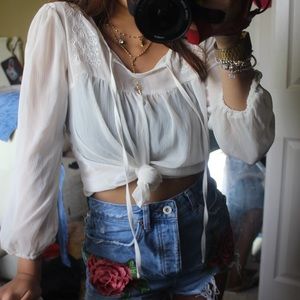 Sheer mesh peasant long sleeve top